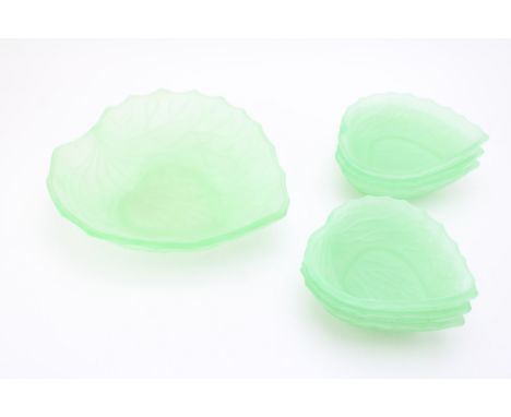 Uranium glass Bagley 'Cocktail Time' set of six bowls with matching larger bowl in stylised leaf form, 23cm. (7).  With no ob