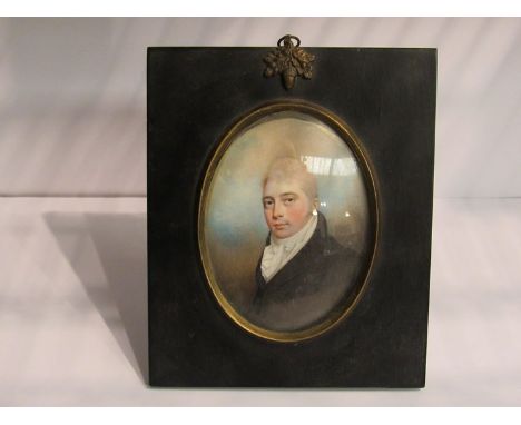 A fine miniature on ivory, portrait of greying gentleman, thought to be Beck family, Fakenham, ebony frame 