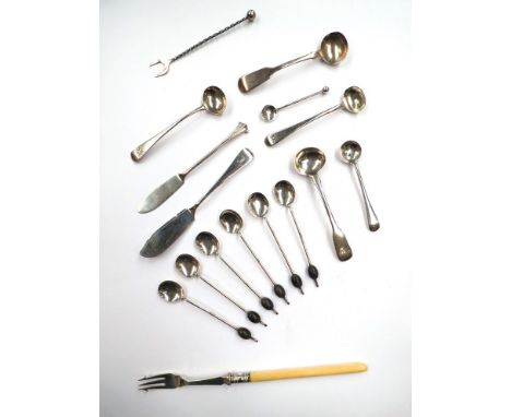 A quantity of silver cutlery including coffee bean spoons, butter knives and pickle fork 