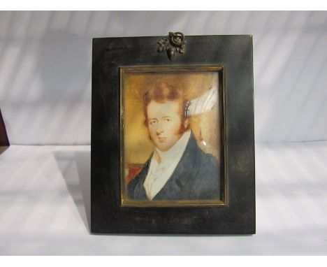 A miniature portrait of gentleman, blue jacket, thought to be Beck family, Fakenham, ebony frame 