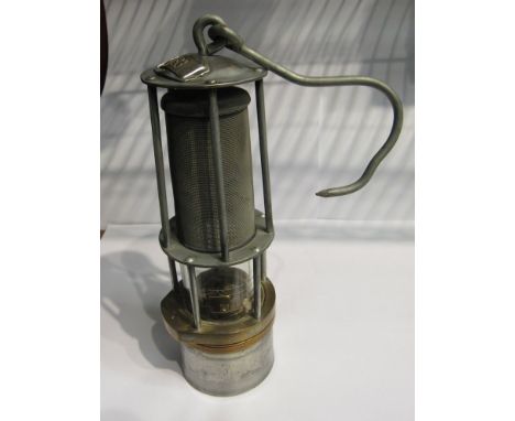 Miners lamp with exposed gauze, part brass, but mostly steel, 25cm tall 