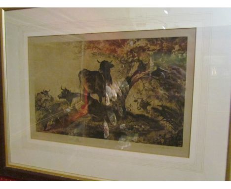 THOMAS SIDNEY COOPER (1803-1902) pencil signed etching of cattle under tree with Artist blind proof stamp 31cm x 46cm 