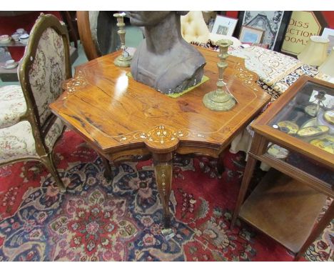 A 19th Century inlaid rosewood centre table the shaped top over acanthus leaf carved cabriole legs joined by stretchers and c