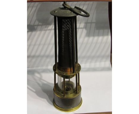 Mining lamp/shaft lamp, CA stamped Mulkay Liege brass, steel and copper with exposed gauze, 35cm tall 