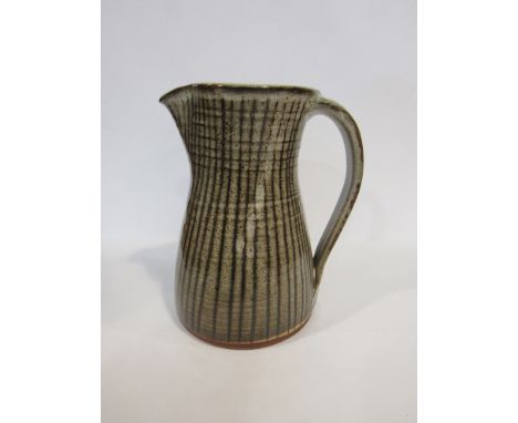 A David Leach of St Ives pottery jug with grey lined design, 15.5cm tall 