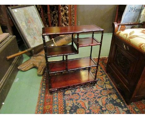 A 19th Century Chinese table top four tier shelf with carved bamboo edge and base, 58cm x 45cm 