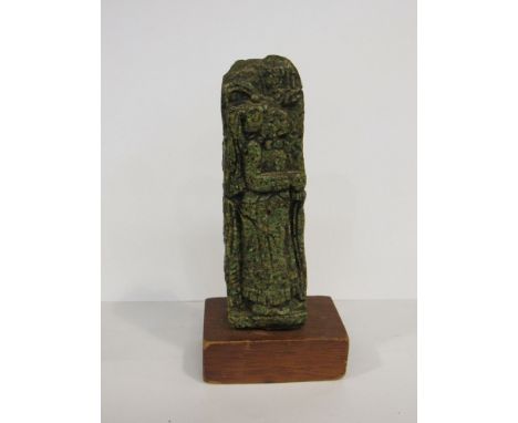 A 15th/16th Century Mayan tablet- form sealed box with figural sides, mounted on display base, 11.5cm tall  