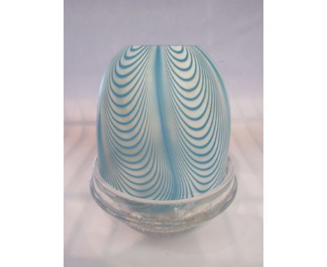A Victorian Nailsea style glass night light with striated blue domed shade, Clarkes base 