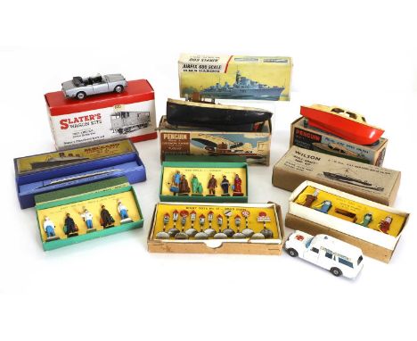 Four Dinky Toys boxed sets, No.47 Road Signs, No.49 Petrol Pumps and Oil Bin, No.3 Passengers, N.5 Train and Hotel Staff, a D