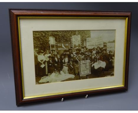 Suffragette interest - picture of a group of ladies in a garden with banners for NUWSS Kendal, Keswick and Carlisle etc, 16 x