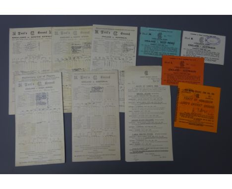 England v Australia cricket scorecard 22nd June 1934 with three tickets for 22nd and 26th June, four other cricket scorecards