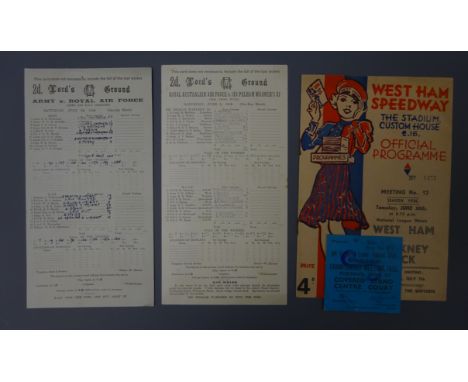 Two 1940s Lords cricket scorecards for Royal Australian Air Force v Sir Pelham Warner's XI 5th June 1943 and Army v Royal Air