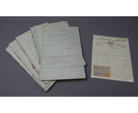 Quantity of disbound early 20th century ledger leaves for Tonks and Sons Scarborough dated 1924 and an Invoice for Gardeners'
