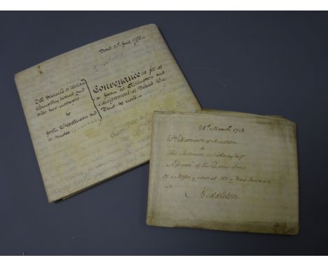 18th century manuscript deed on vellum being a five page conveyance of a farm at Rillington, with multiple wax seals, and ano