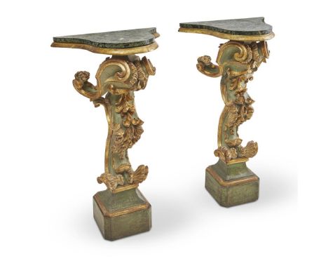 A PAIR OF ITALIAN BAROQUE PAINTED AND PARCEL GILT PEDESTAL CONSOLE TABLES LATE 18TH CENTURY AND LATER Each with a verde antic