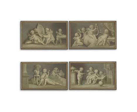 A SET OF FOUR EN-GRISAILLE OIL PAINTINGS OF WINGED PUTTI EMBLEMATIC OF THE ARTS CIRCA 1830 IN THE MANNER OF PIAT JOSEPH SAUVA
