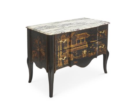 A FRENCH TRANSITIONAL PERIOD CHINOISERIE LACQUER COMMODE CIRCA 1760 AND LATER  The front with decoration of pavilions in land