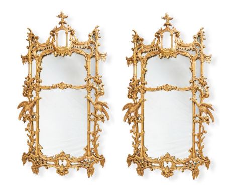 A PAIR OF CHINESE CHIPPENDALE STYLE CARVED GILTWOOD MARGINAL MIRRORS ENGLISH, LATE 19TH/EARLY 20TH CENTURY Each flanked by Ho