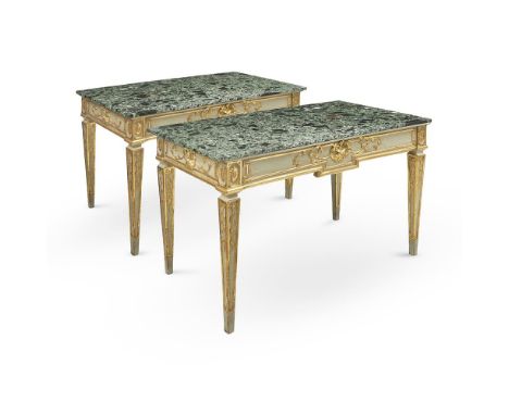 A PAIR OF NORTH ITALIAN PARCEL GILT AND GREY GREEN PAINTED NEO-CLASSICAL CONSOLE TABLES CIRCA 1800, AND LATER Now with Verde 