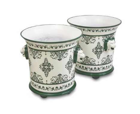 A PAIR OF MODERN ENAMELLED-IRON ORANGERY URNS OF LARGE SIZEBY GUINEVERE The enamel green and white pattern inspired by Rouen 