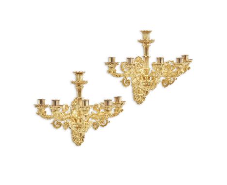 A PAIR OF CHARLES X ORMOLU FIVE LIGHT WALL APPLIQUES  FRENCH, CIRCA 1835/1845  Richly decorated with leaf and scrollwork  35c