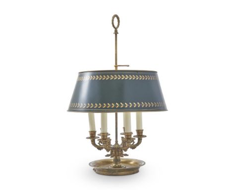 A LARGE BRASS SIX LIGHT BOUILLOTTE LAMP  FRENCH, CIRCA 1930  Of conventional form with adjustable green and gilt tole peinte 