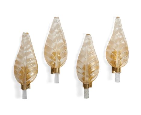 A SET OF FOUR MURANO MOULDED GILT GLASS LEAF FORM WALL LIGHTS IN THE BAROVIER AND TOSO STYLE  MODERNUK wiring 69cm high  