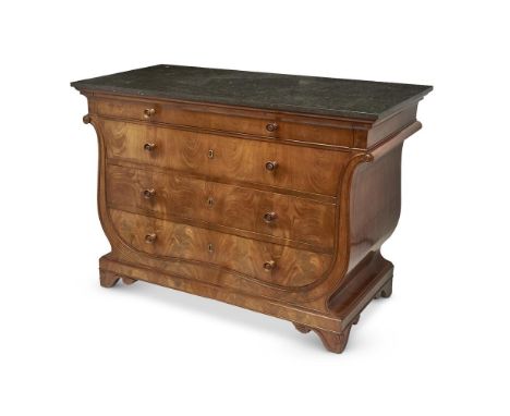 A BALTIC LYRE SHAPED FOUR DRAWER COMMODE  CIRCA 1830 in figured faded mahogany with later Belgian fossil marble 92.5cm high, 