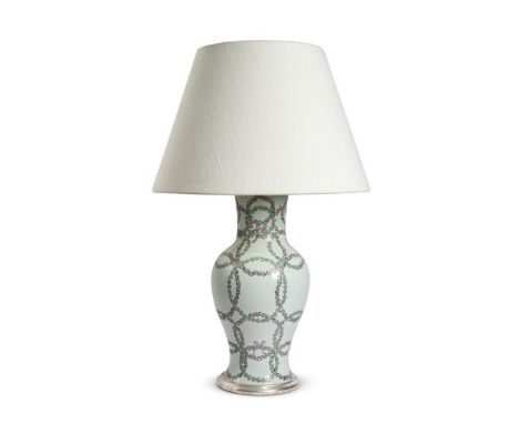 A CHINESE FAMILLE ROSE BALUSTER VASE  20TH CENTURY  With later silver gilt base and adapted as lamp, UK wiring  the base 54cm
