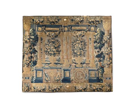 A FLORAL PORTICO TAPESTRY FLEMISH LATE 17TH/EARLY 18TH CENTURY The classical portico hung with floral swags around Solomonic 