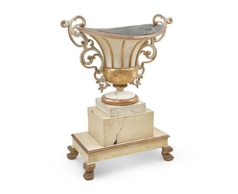 A LARGE ITALIAN OVAL CAMPANA SHAPED PARCEL GILT AND TOLE PEINTE URN OR PLANTER MID 19TH CENTURY With elaborate scrolling hand