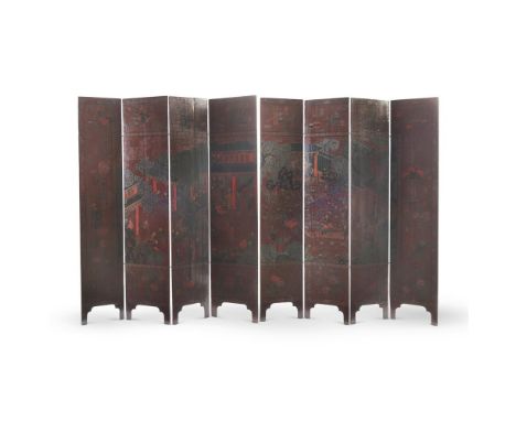 A CHINESE EIGHT FOLD RED GROUND COROMANDEL INCISED LACQUER SCREEN19TH CENTURYDepicting the scene of celebrating the Lantern F