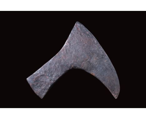 Ca. AD 900 - 1100.An iron axe head with a bearded blade, a D-shaped shaft-hole socket and a flat butt.Size: 160mm x 150mm; we