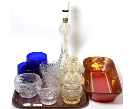 A group of 19th century and later glass including finger bowls, sweet meat jars, table lamp etc. together with a red painted 