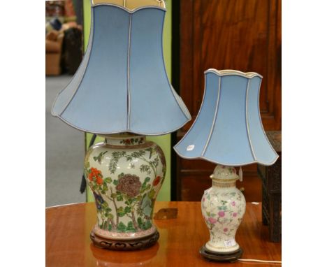 A large Chinese famille verte lamp base and another smaller (2)