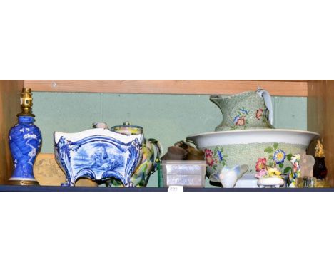 A group of ceramics including a Chinese blue and white prunus vase mounted as a table lamp, a Sabino glass bird (a.f.), a Nac