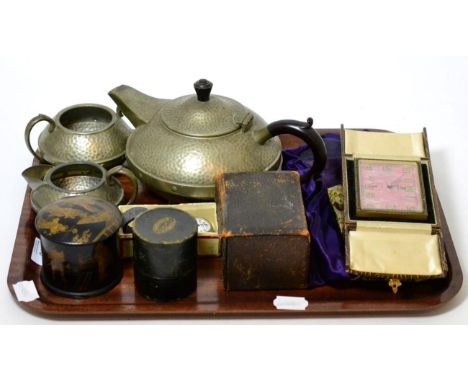 An Art Deco travelling bedside timepiece in case; a Services Aerist wristwatch; a Bridge box with cards and whist marker; pew