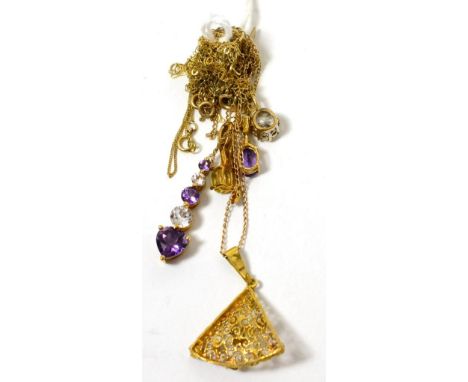 A 9ct gold citrine and diamond pendant on chain, a 9ct gold cubic zirconia pendant on chain, an amethyst and cubic zirconia p