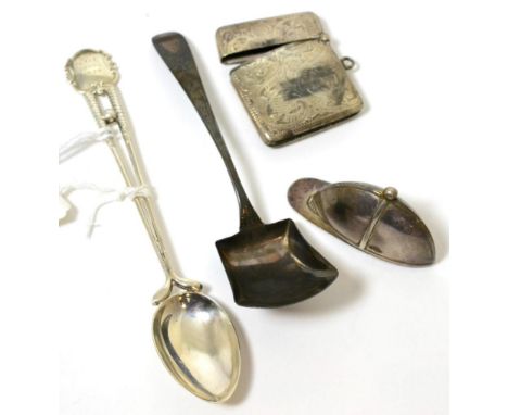 A novelty jockey cap vesta case stamped Sterling 925; another silver vesta case with engraved decoration; a silver golfing pr