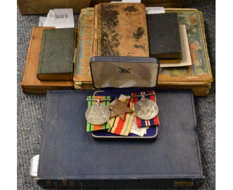 A trio of WWII medals, a vintage pop up book, various 18th century and later books etc