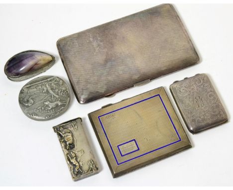 A silver and enamel cigarette case; silver matchbook holder; a played cigarette case; two pewter snuff boxes; and a plated ve