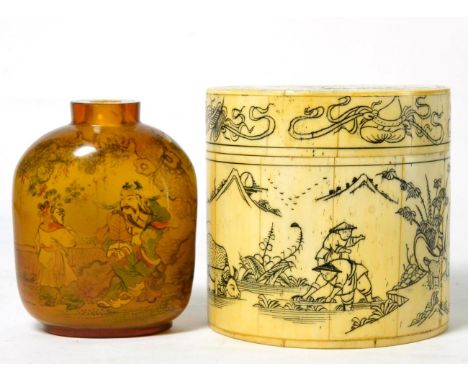 A Chinese inside painted snuff bottle; and bone box and cover (2) Scent bottle - lacking stopper, chips to rim and knock to s