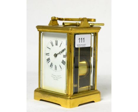 A French brass carriage clock, retailed by Penlington and Batty, Liverpool and Manchester enamel Roman dial, twin train, twin