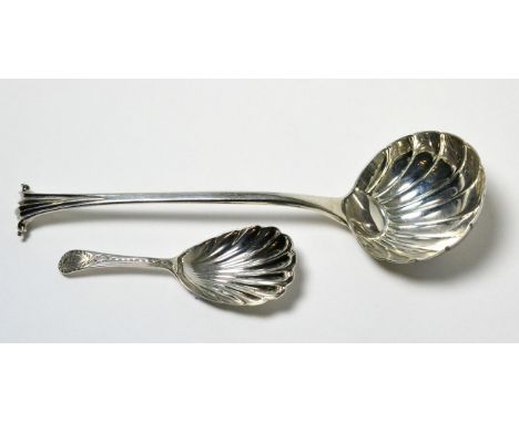 A George III silver Onslow pattern sauce ladle with fluted bowl, Sumner and Crossley, London, 1777, together with a caddy spo