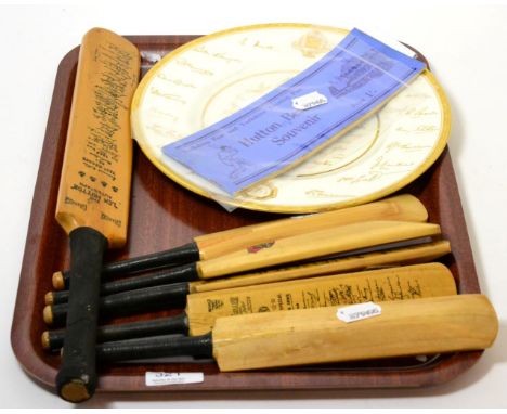 Collection of miniature cricket bats (6), printed with signatures, a 1953 commemorative plate and a Hutton Benefit Souvenir b