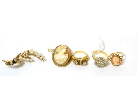 A 9ct gold cultured pearl set brooch, a cameo brooch, a cameo ring, a 9ct gold diamond and sapphire ring and two paste set ri