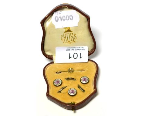 A seed pearl set tie pin and cased enamel dress studs 