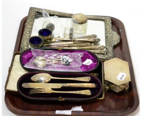 A collection of silver including a trinket box, dressing table jars, coffee bean spoons, a white metal mounted mirror etc