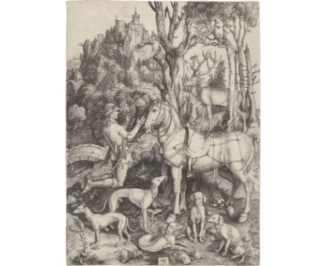 Albrecht Dürer (1471 – Nürnberg – 1528). „Der heilige Eustachius“. Um 1501Kupferstich auf Bütten (Wasserzeichen: Großer Bär (