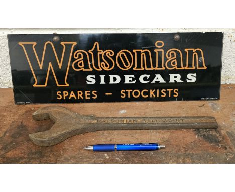 An original dealers Watsonian sidecars hanging perspex sign, by Artpamal, 15 x 46cm and a Watsonian ball joint spanner (2)